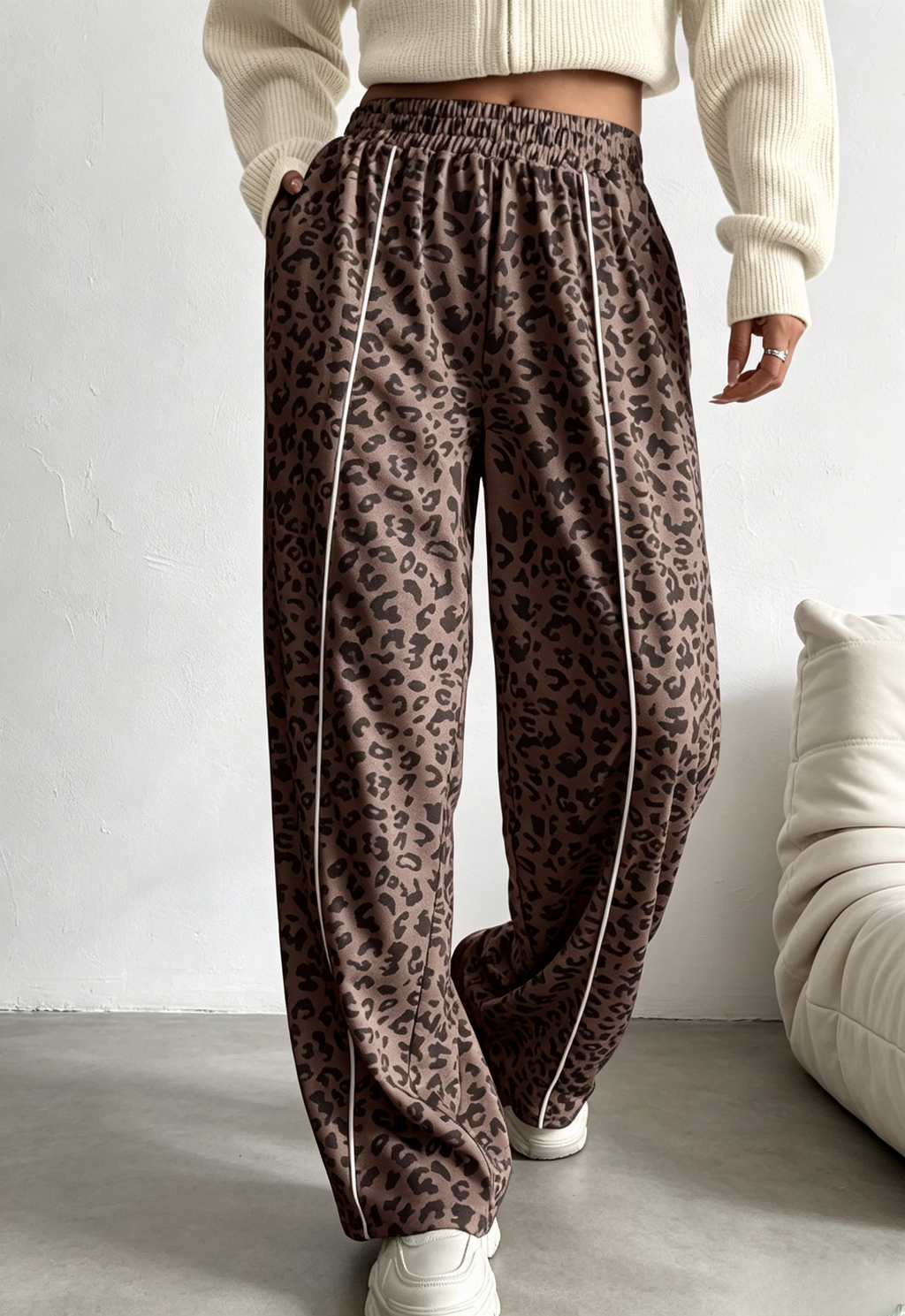 Side Stripe Leopard Wide Leg Trousers - Brown - 4