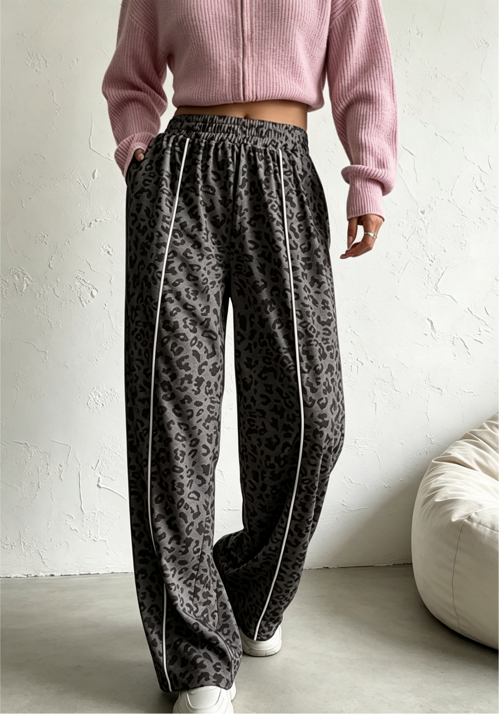 Side Stripe Leopard Wide Leg Trousers - DarkGray