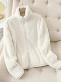White Fuzzy Fleece Stand Collar Zip Up Jacket - White