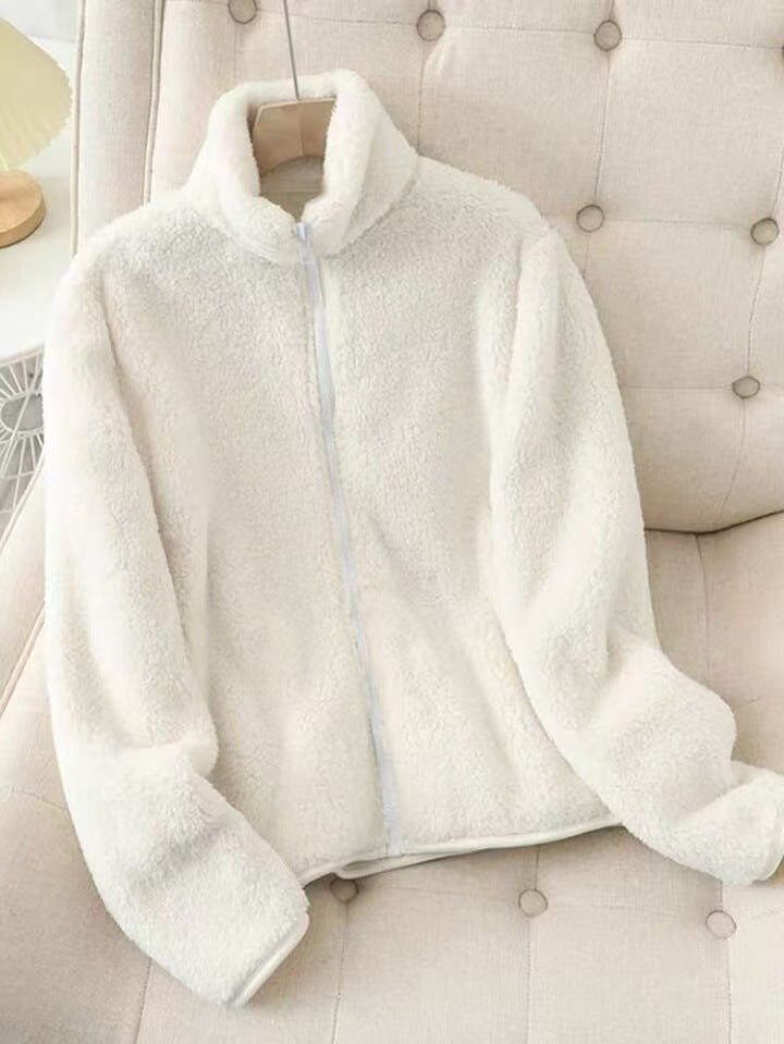 White Fuzzy Fleece Stand Collar Zip Up Jacket - White