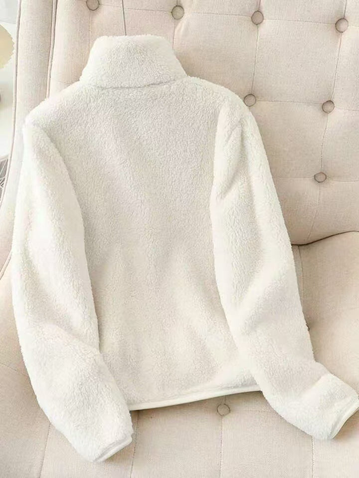 White Fuzzy Fleece Stand Collar Zip Up Jacket - White - 1