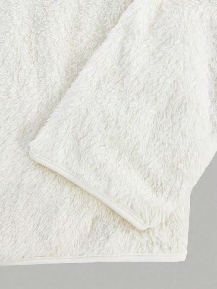 White Fuzzy Fleece Stand Collar Zip Up Jacket - White - 2