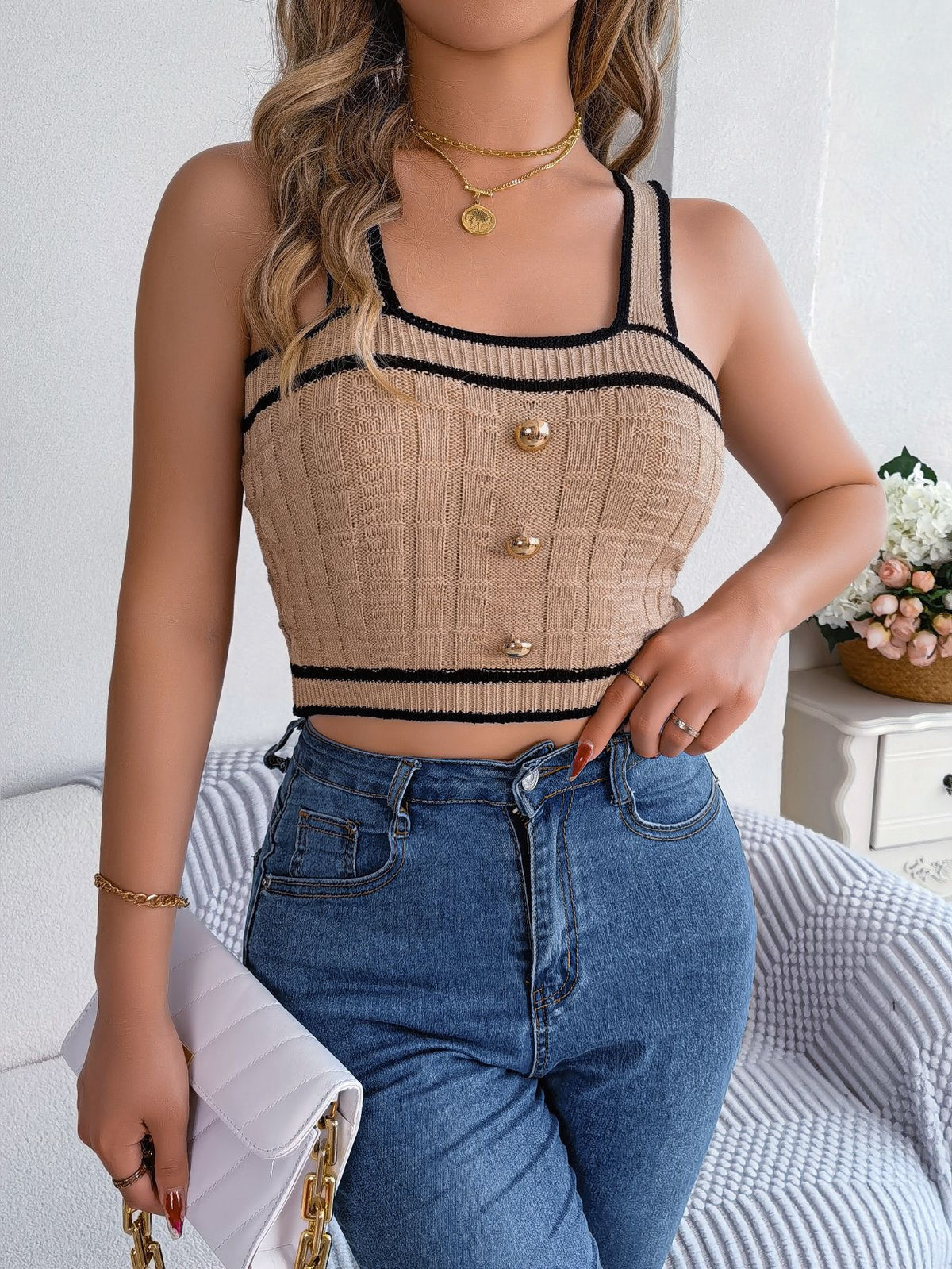 Contrast Trim Button Front Knit Camisole - Khaki