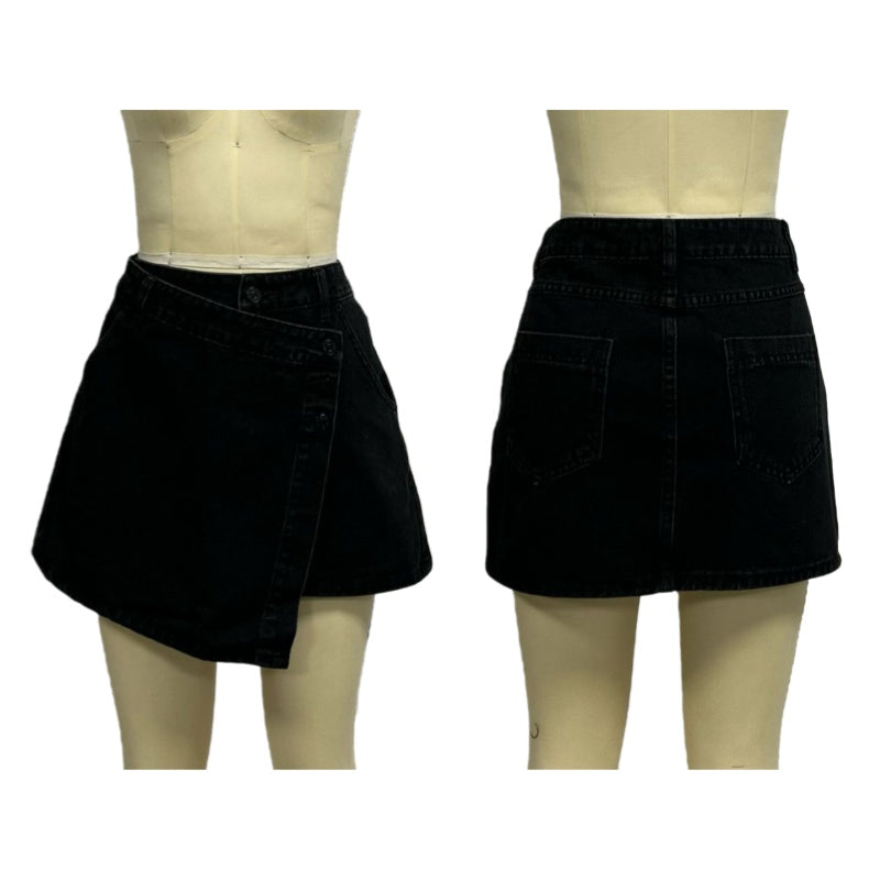 Buttoned Wrap Front Denim Mini Skirt - Black