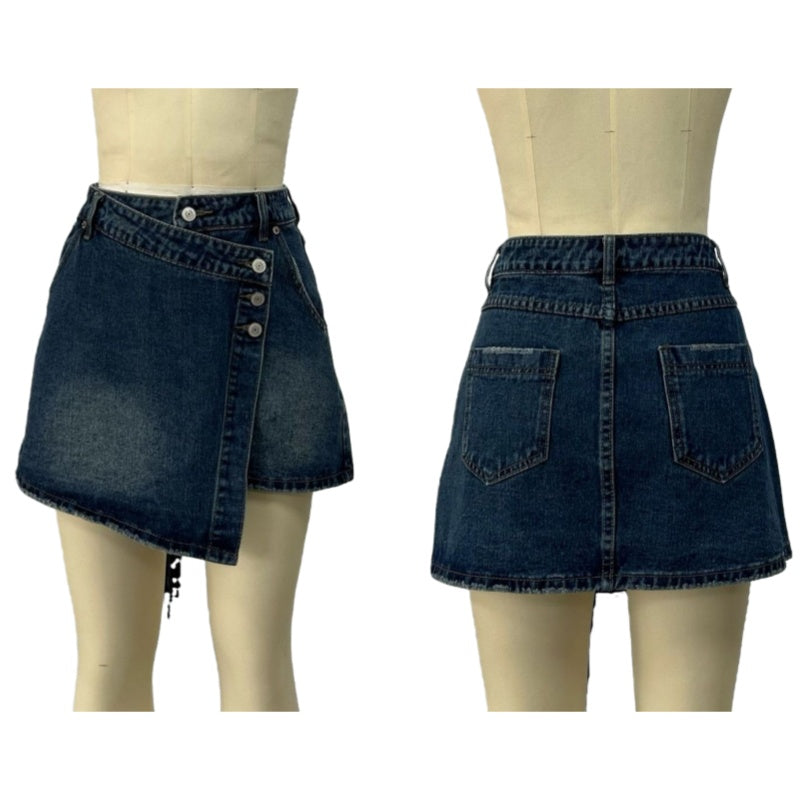 Buttoned Wrap Front Denim Mini Skirt - DarkBlue