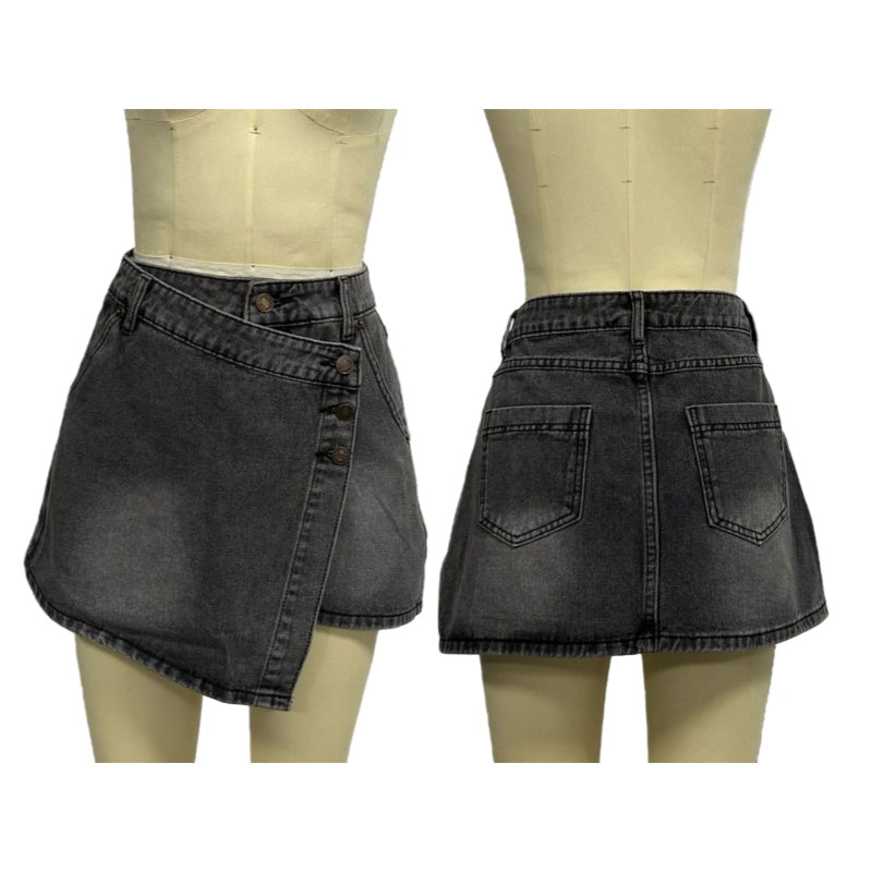 Buttoned Wrap Front Denim Mini Skirt - Grey