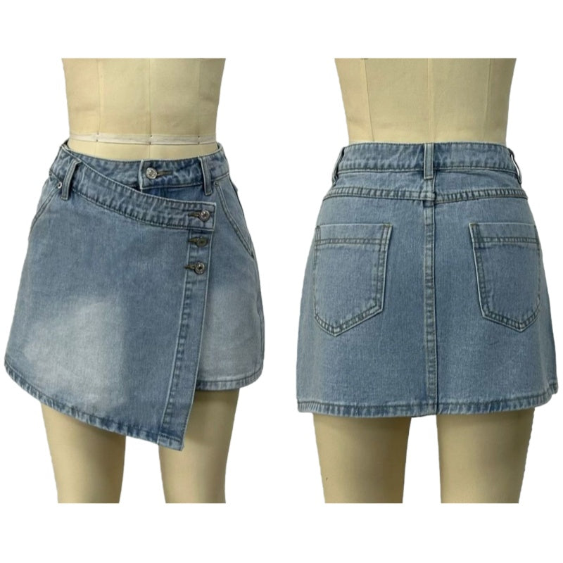 Buttoned Wrap Front Denim Mini Skirt - LightBlue - 1