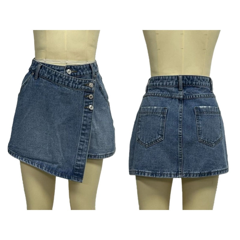 Buttoned Wrap Front Denim Mini Skirt - MidiBlue