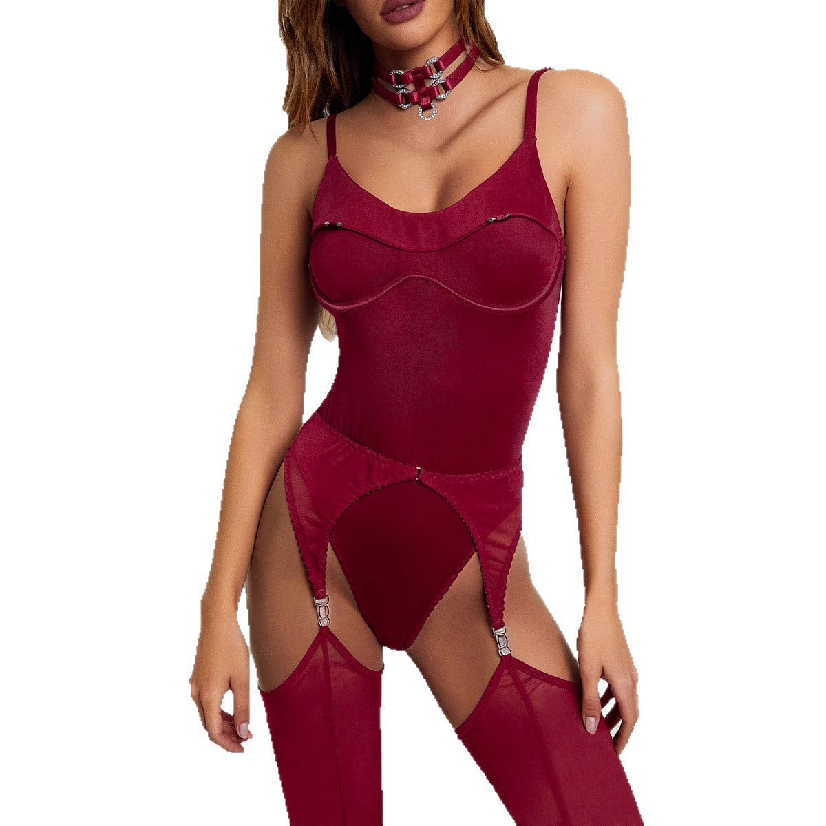 Underwire Garter Bodysuit With Sheer Mesh Stockings