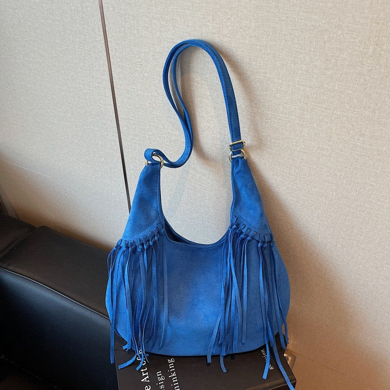 Faux Suede Fringe Hobo Shoulder Bag - Cobalt Blue