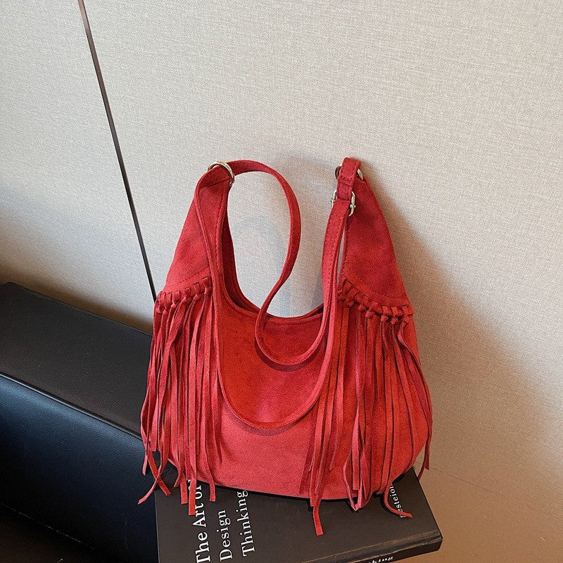 Faux Suede Fringe Hobo Shoulder Bag - Red