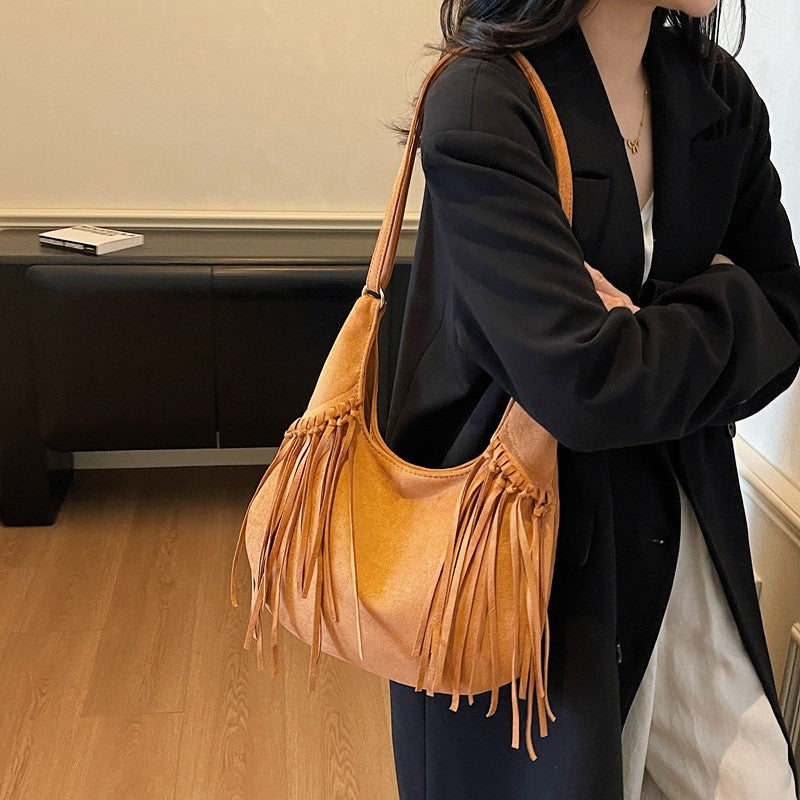 Faux Suede Fringe Hobo Shoulder Bag