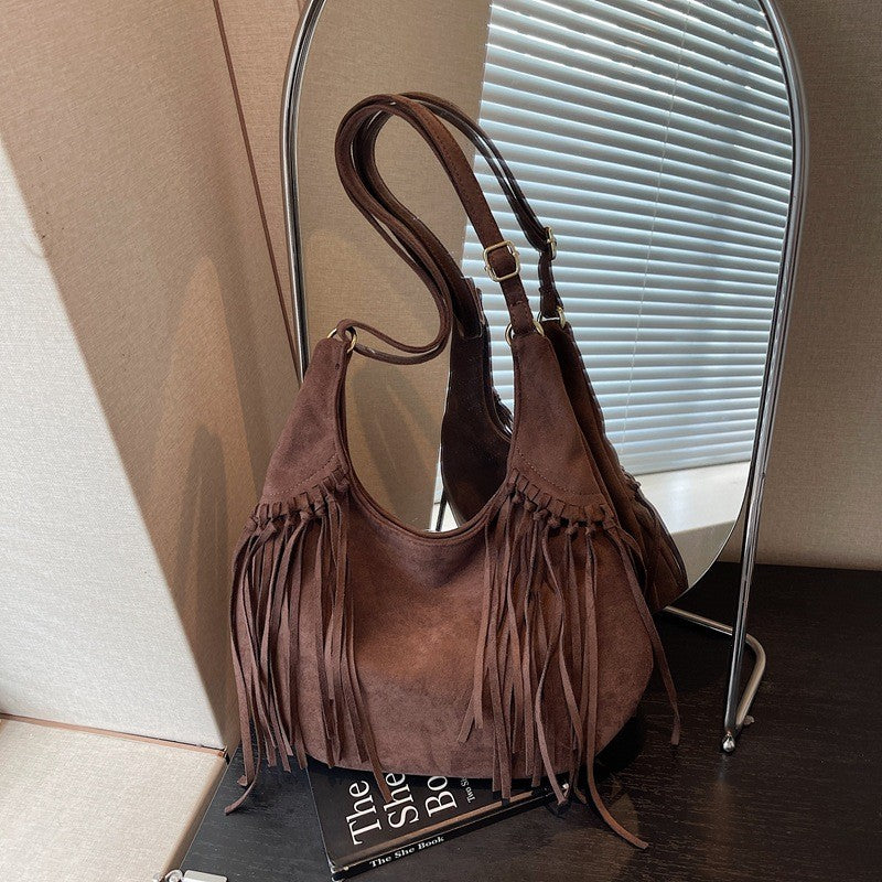 Faux Suede Fringe Hobo Shoulder Bag