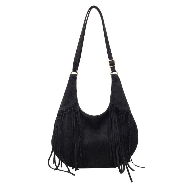 Faux Suede Fringe Hobo Shoulder Bag