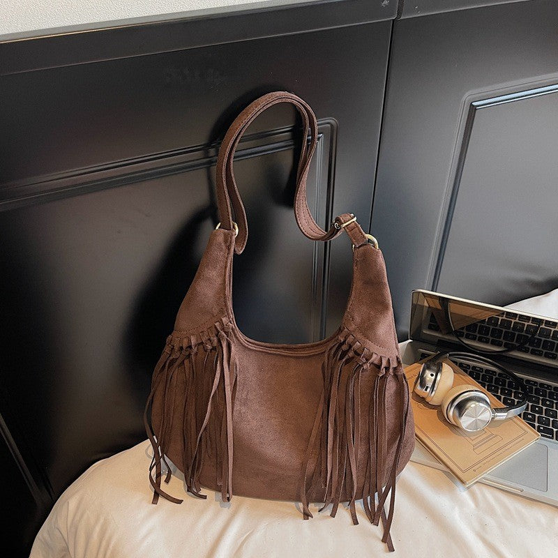 Faux Suede Fringe Hobo Shoulder Bag