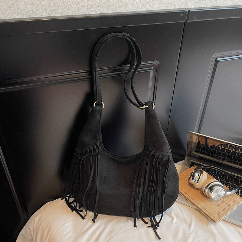 Faux Suede Fringe Hobo Shoulder Bag