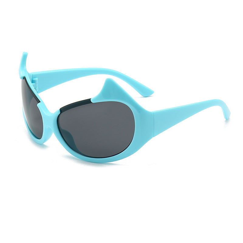 Horned Oversized Wraparound Y2K Sunglasses - Blue