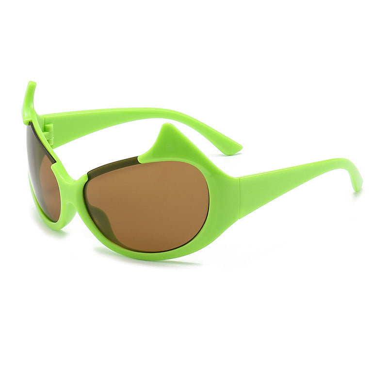 Horned Oversized Wraparound Y2K Sunglasses - Green