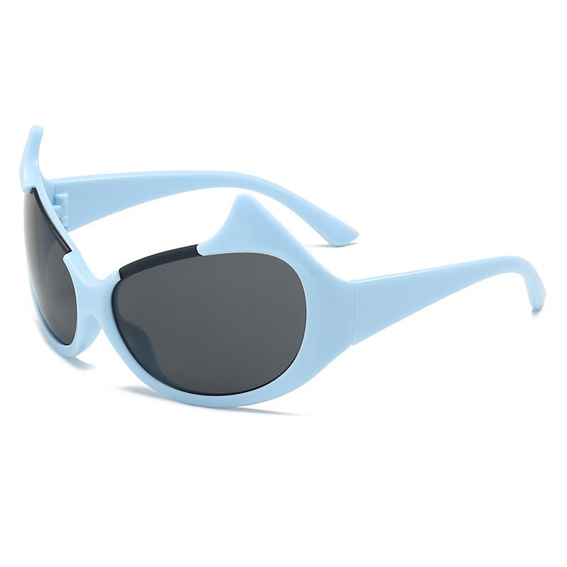 Horned Oversized Wraparound Y2K Sunglasses - LakeBlue