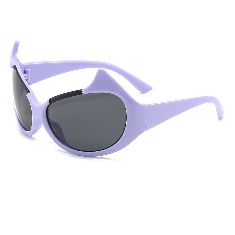 Horned Oversized Wraparound Y2K Sunglasses - Purple