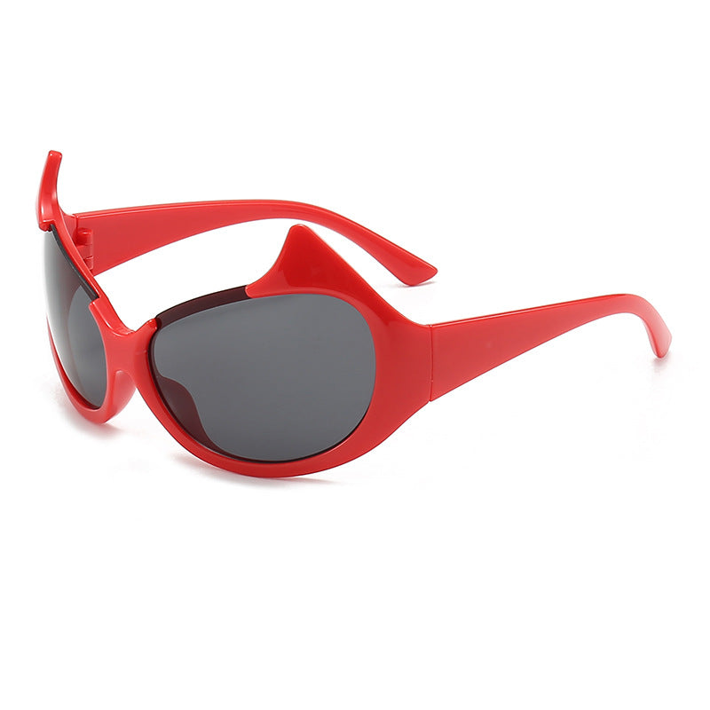 Horned Oversized Wraparound Y2K Sunglasses - Red