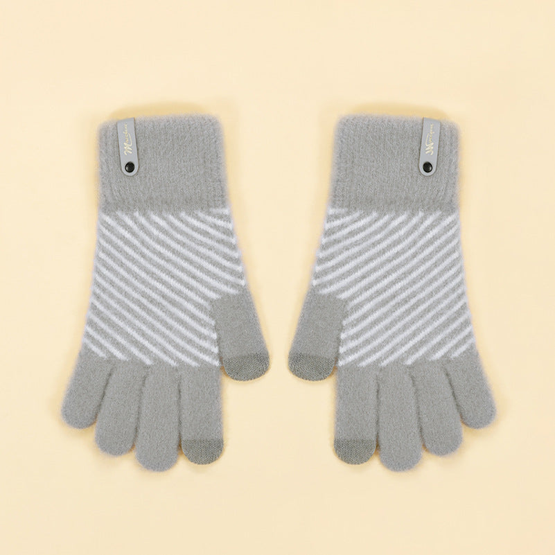 Diagonal Stripe Faux Mink Knit Contrast Tip Gloves - Grey