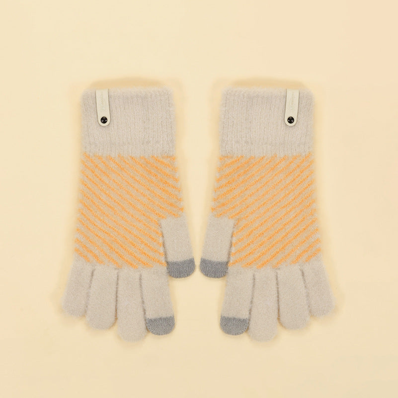 Diagonal Stripe Faux Mink Knit Contrast Tip Gloves - Khaki