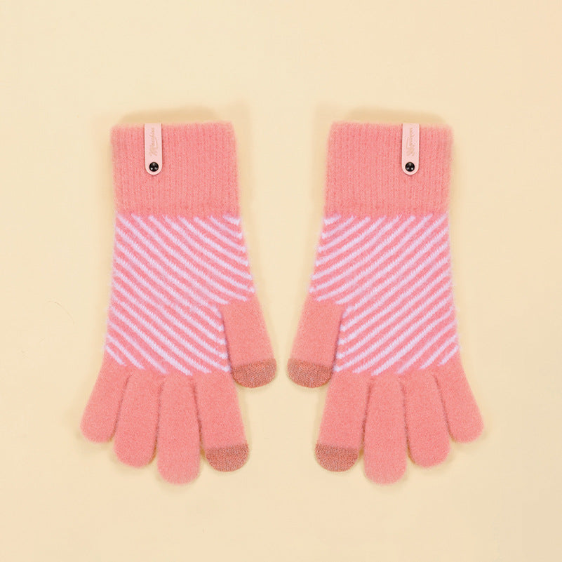 Diagonal Stripe Faux Mink Knit Contrast Tip Gloves - Pink