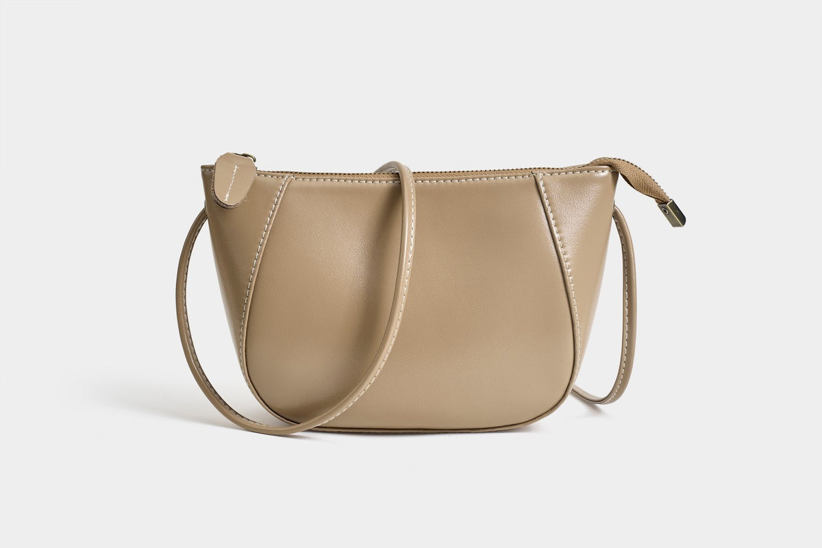 Glossy Leather Half Moon Crossbody Bag - Beige
