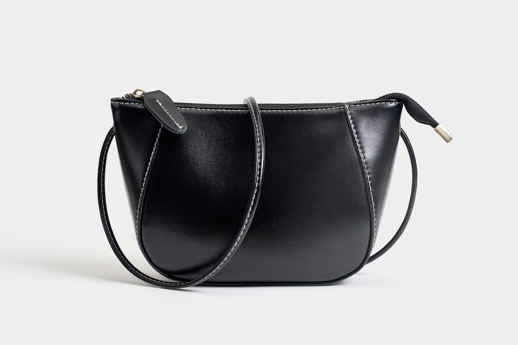 Glossy Leather Half Moon Crossbody Bag - Black