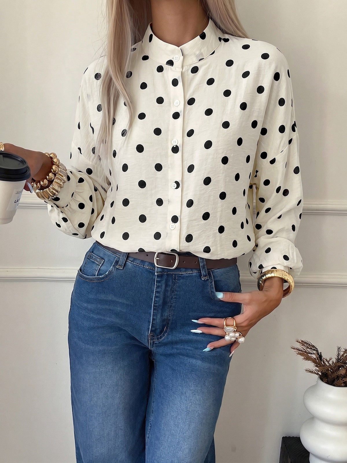 Band Collar Spot Print Long Sleeve Shirt - Apricot