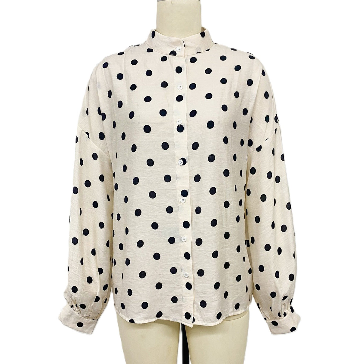 Band Collar Spot Print Long Sleeve Shirt - Apricot - 1