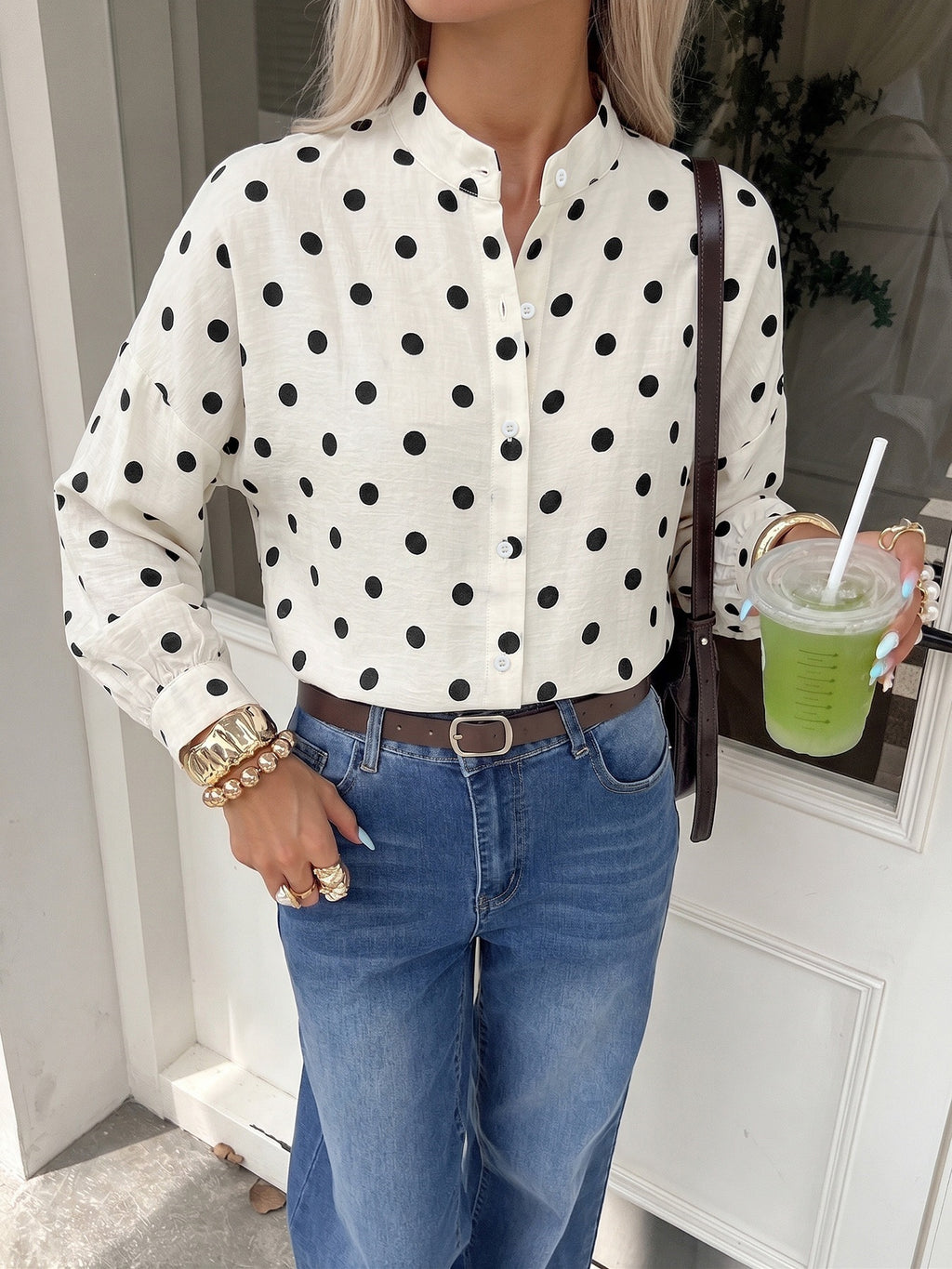 Band Collar Spot Print Long Sleeve Shirt - Apricot - 3
