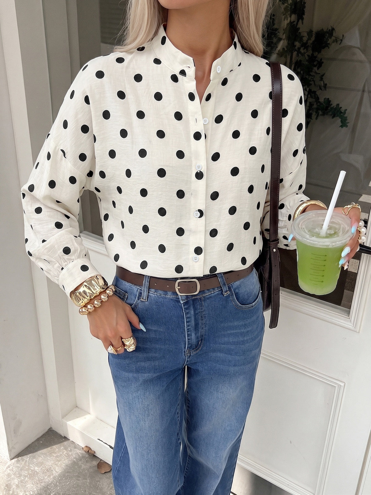 Band Collar Spot Print Long Sleeve Shirt - Apricot - 3