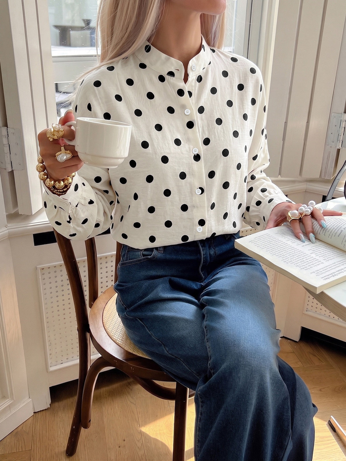 Band Collar Spot Print Long Sleeve Shirt - Apricot - 4