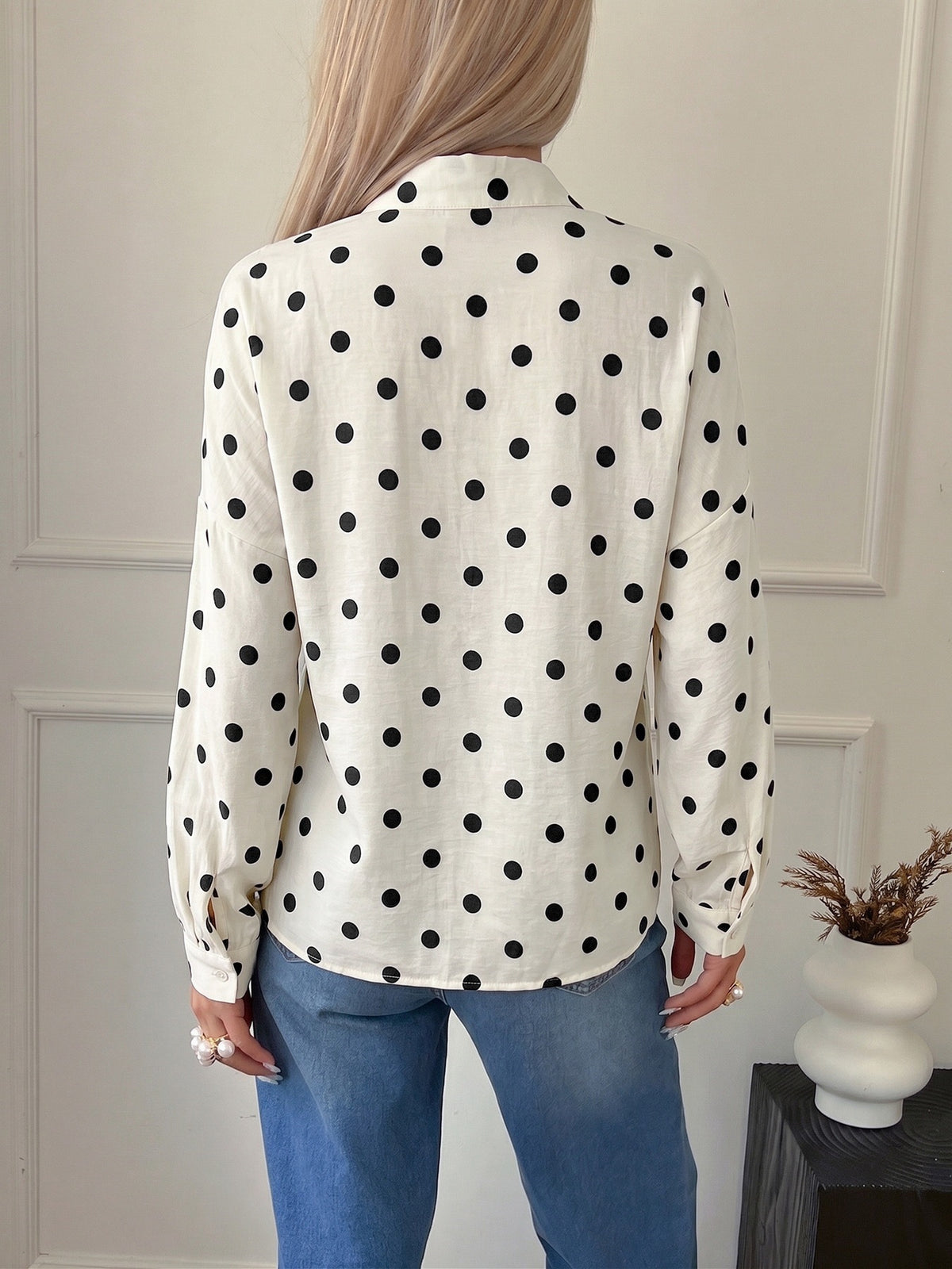 Band Collar Spot Print Long Sleeve Shirt - Apricot - 5