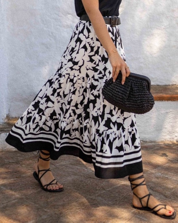 Border Print Full Swing Midi Skirt - Black - 1