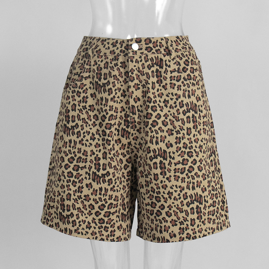 High Waist Leopard Denim Knee Shorts - Leopard - 1