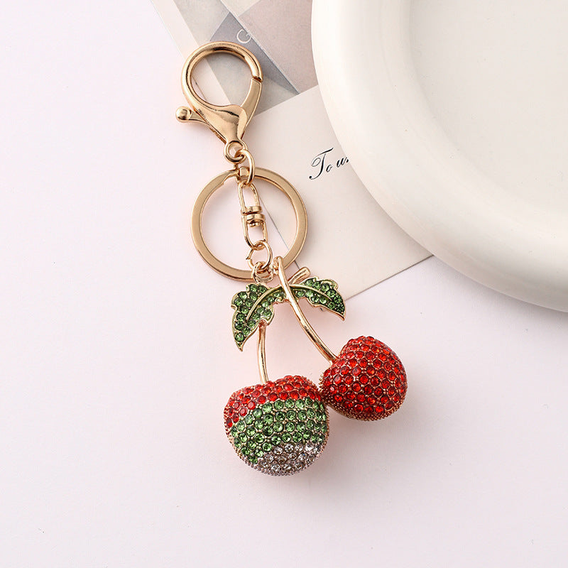 Sparkling Crystal Cherry Pair Keychain - Green