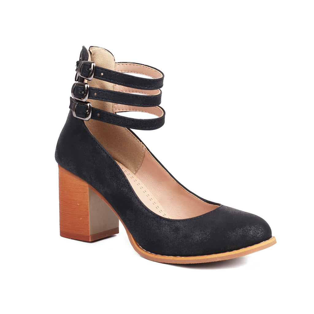 Triple Buckle Ankle Strap Block Heel Pumps - Black