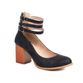 Triple Buckle Ankle Strap Block Heel Pumps - Black