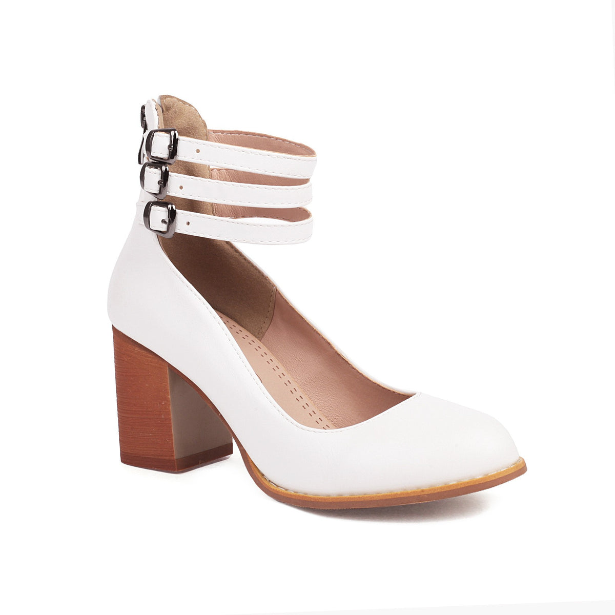 Triple Buckle Ankle Strap Block Heel Pumps - White