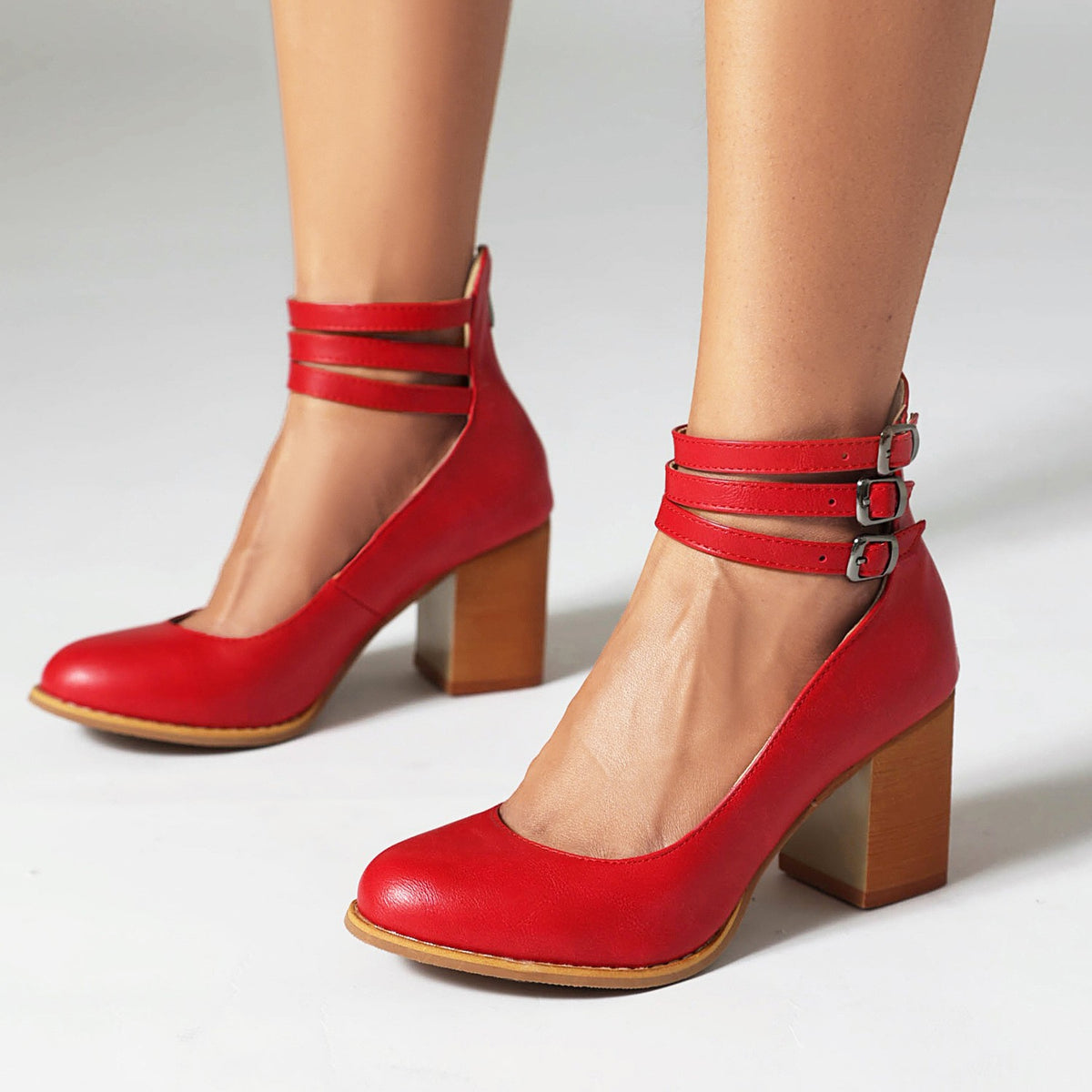 Triple Buckle Ankle Strap Block Heel Pumps