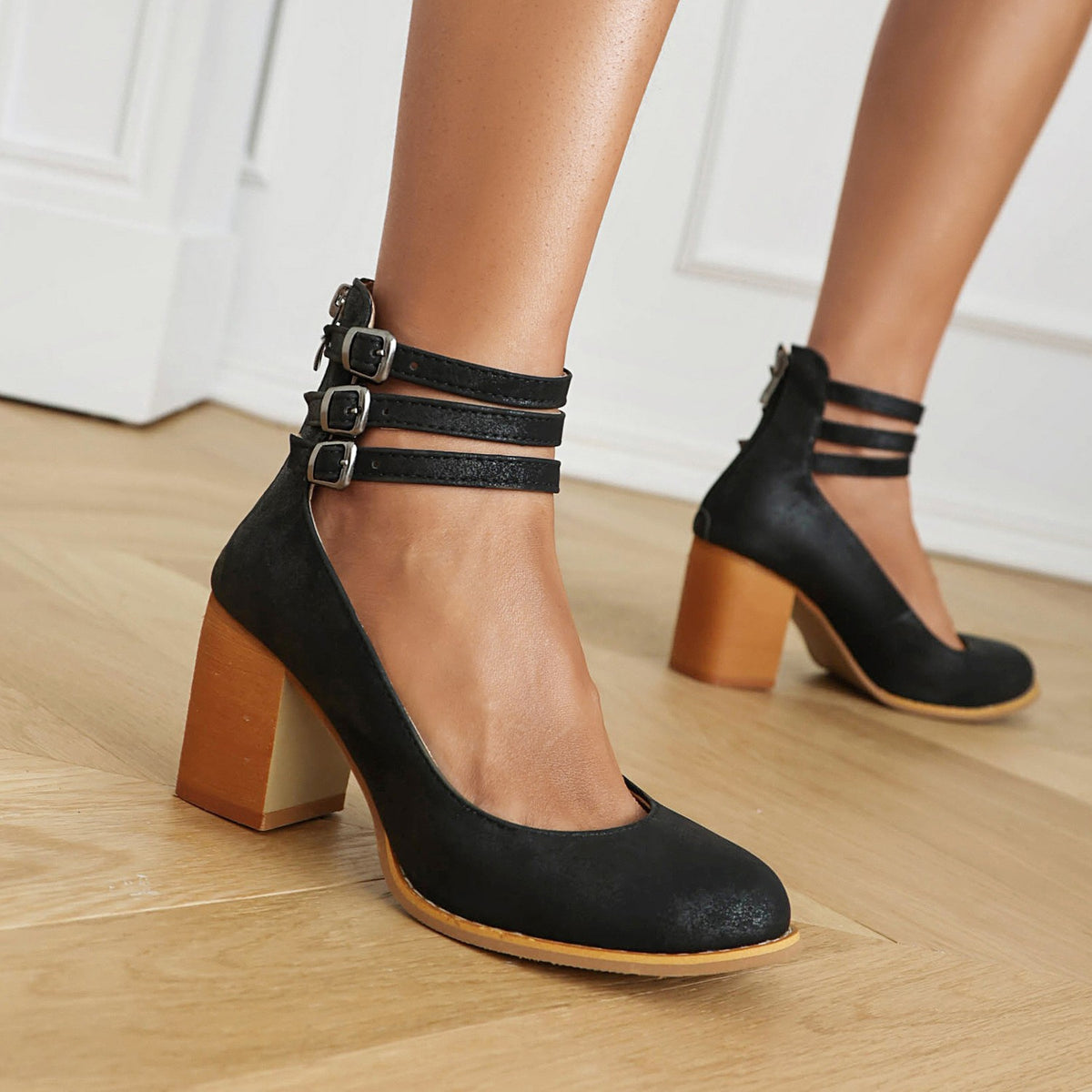 Triple Buckle Ankle Strap Block Heel Pumps