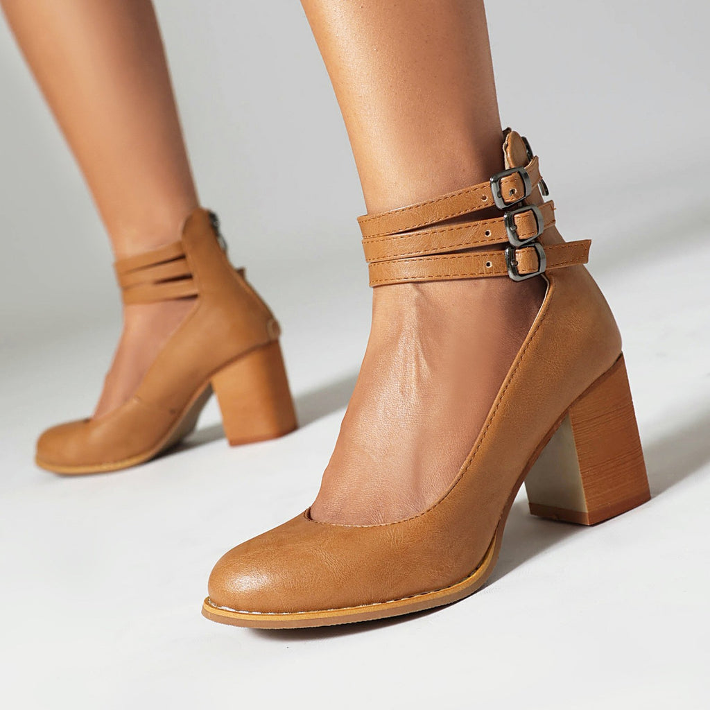 Triple Buckle Ankle Strap Block Heel Pumps