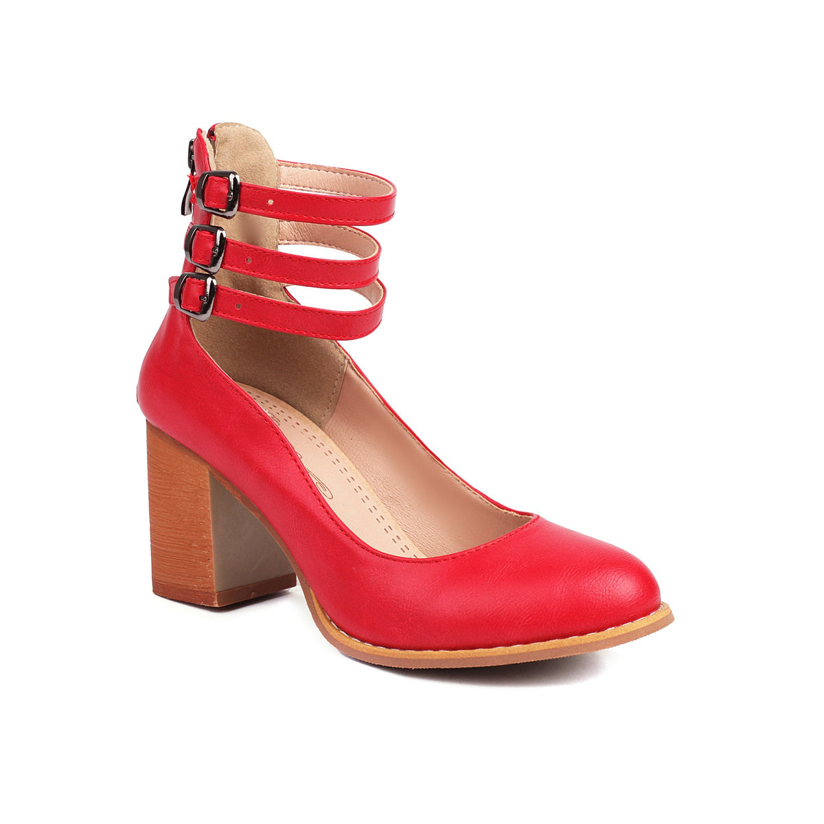 Triple Buckle Ankle Strap Block Heel Pumps