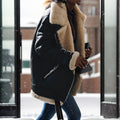Faux Shearling Oversized Collar Aviator Jacket - Black