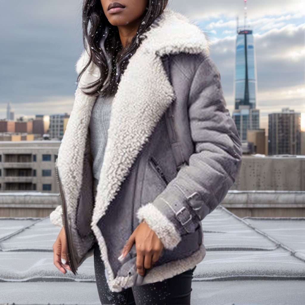 Faux Shearling Oversized Collar Aviator Jacket - Gray