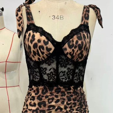 Lace Corset Tie Strap Ruched Split Midi Slip Dress
