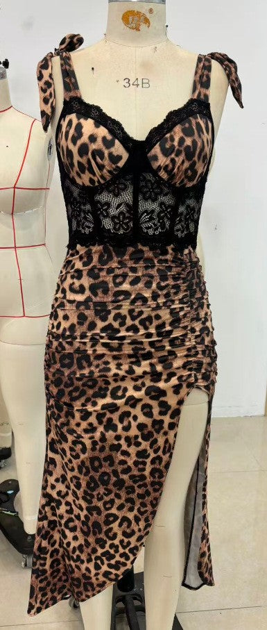 Lace Corset Tie Strap Ruched Split Midi Slip Dress
